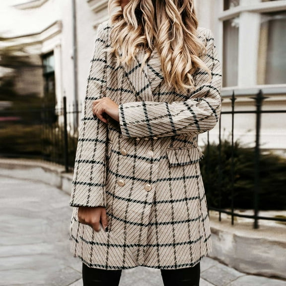 Usmixi Womens Winter Trench Jacket Womens Woolen Overcoat Fashion Plaid Print Button Down Lapel Blazer Coats Long Sleeve Business Suit Jacket Outwear with Pocket 2023 Trench Jacket