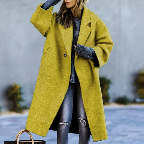 Usmixi Womens Winter Wool Jacket Womens Woolen Overcoat Plus Size Casual Solid Open Front Long Coat Long Sleeve Button Lapel Trench Coat Outwear with Pocket 2023 Wool Jacket Flash Deals