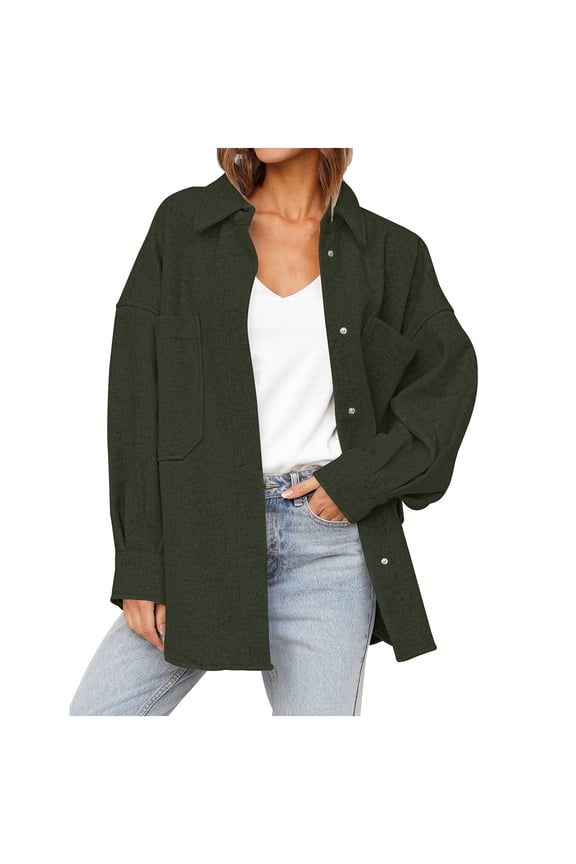 Usmixi Wool Coat for Women Winter Shacket Coat for Women Casual Solid Button Down Lapel Loose Shirts Jackets Fall Long Sleeve Lightweight Comfy Woolen Outwear with Pocket Weekly