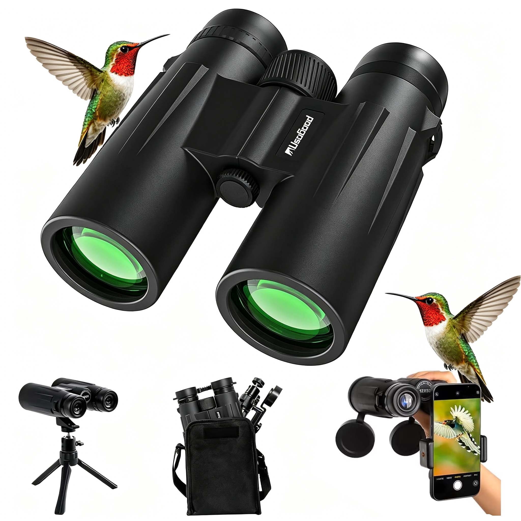 Usogood 12x50 HD Binoculars for Adults and Kids, Binoculars for Day and Night with Tripod Phone Adapter, Clear FMC BAK4 Prism Lens, Binoculars for Birds Watching Hunting Traveling