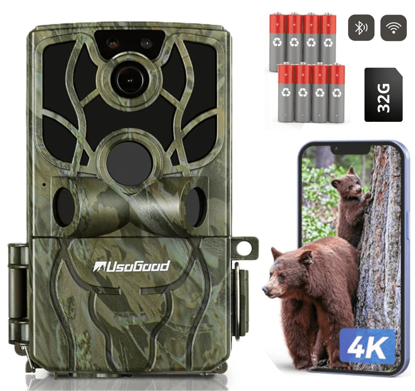 Usogood 4K 48MP WiFi Trail Camera with Phone App, Game Camera with Night Vision Motion Activated IP66 Waterproof, 120°PIR Range for Deer & Wildlife