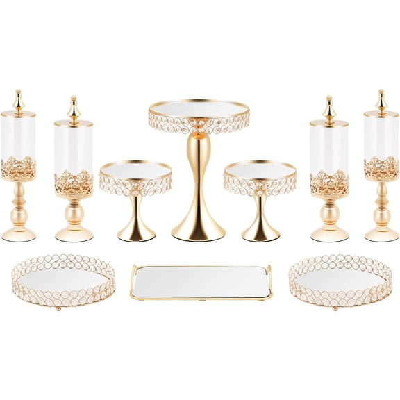 Usoraszkt 10 Pieces Cake Stands, Dessert Table Display Set, Crystal Cake Display Stand with Rectangular & Round Trays Cake Stand for Display and Decoration for Cake Shops, Bakeries, Weddings, Gold