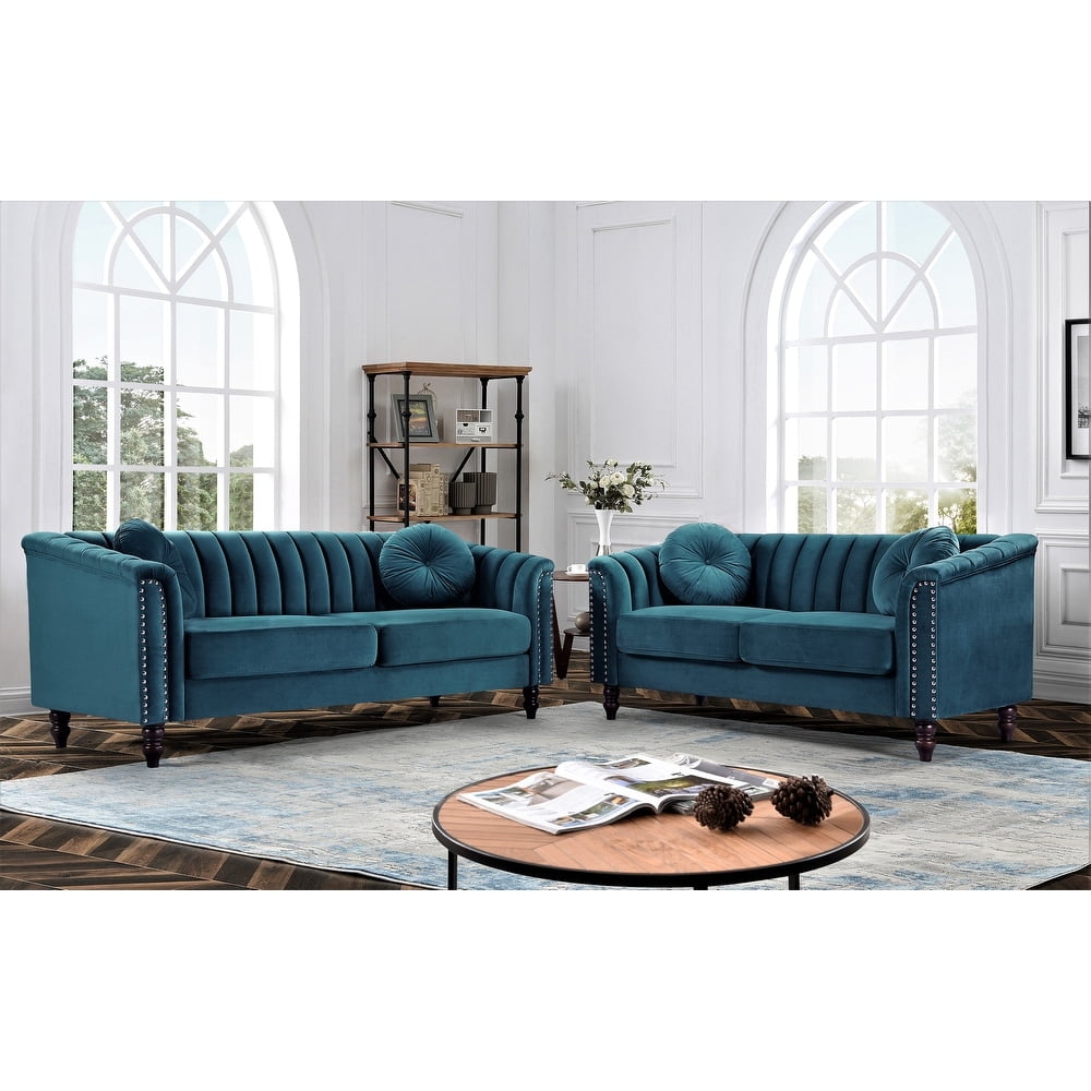 Uspridefurniture 2 Piece Mid Century Velvet Living Room Set Blue Green