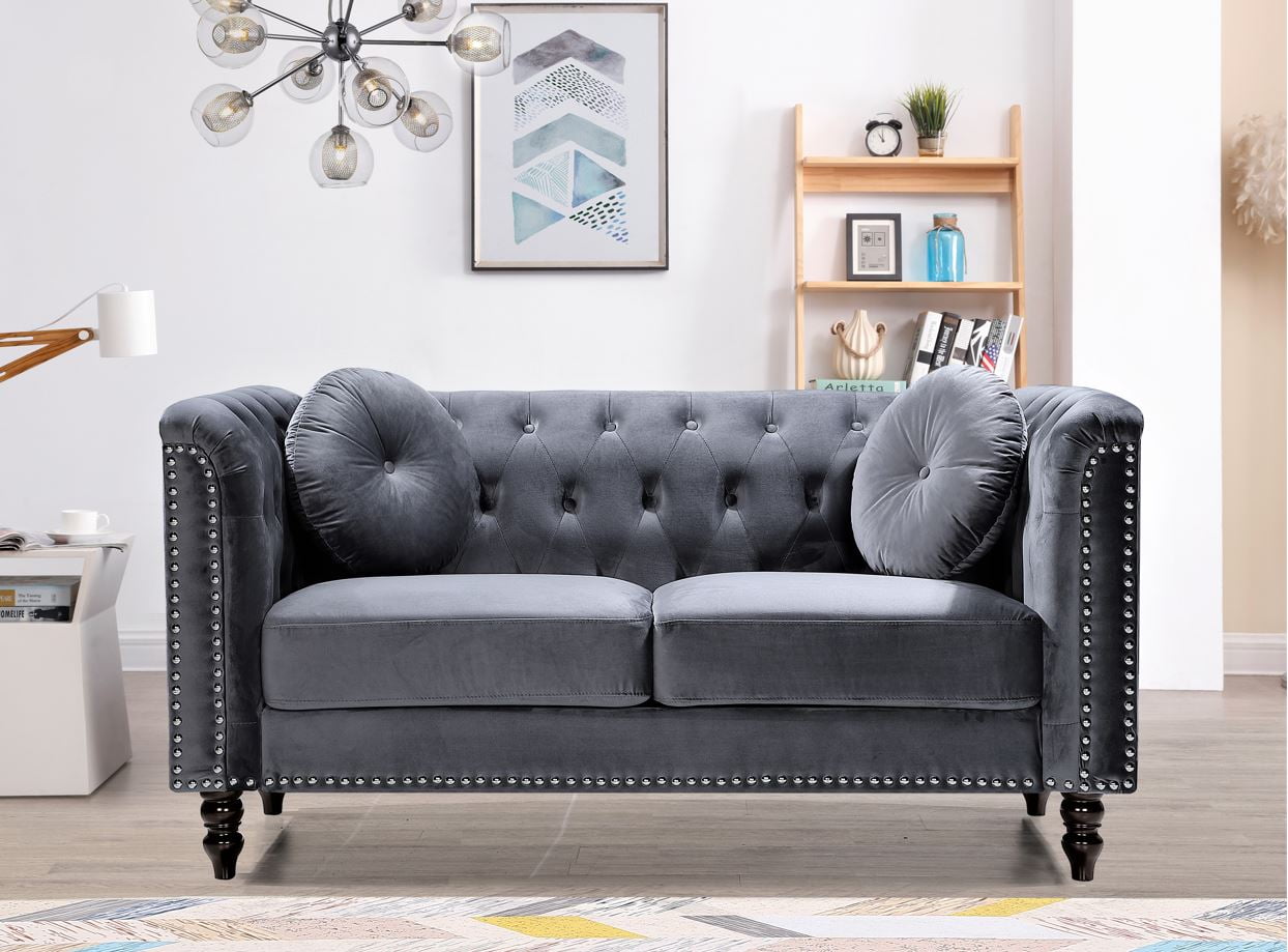 Uspridefurniture Aathish 65'' Velvet Rolled Arms Nailhead Loveseat -Gray