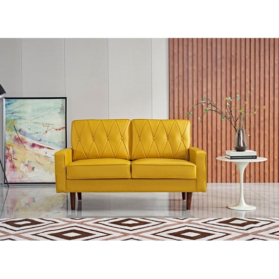 Uspridefurniture Acire 57.5" Faux Leather Cushion Back Loveseat, Mustard Yellow