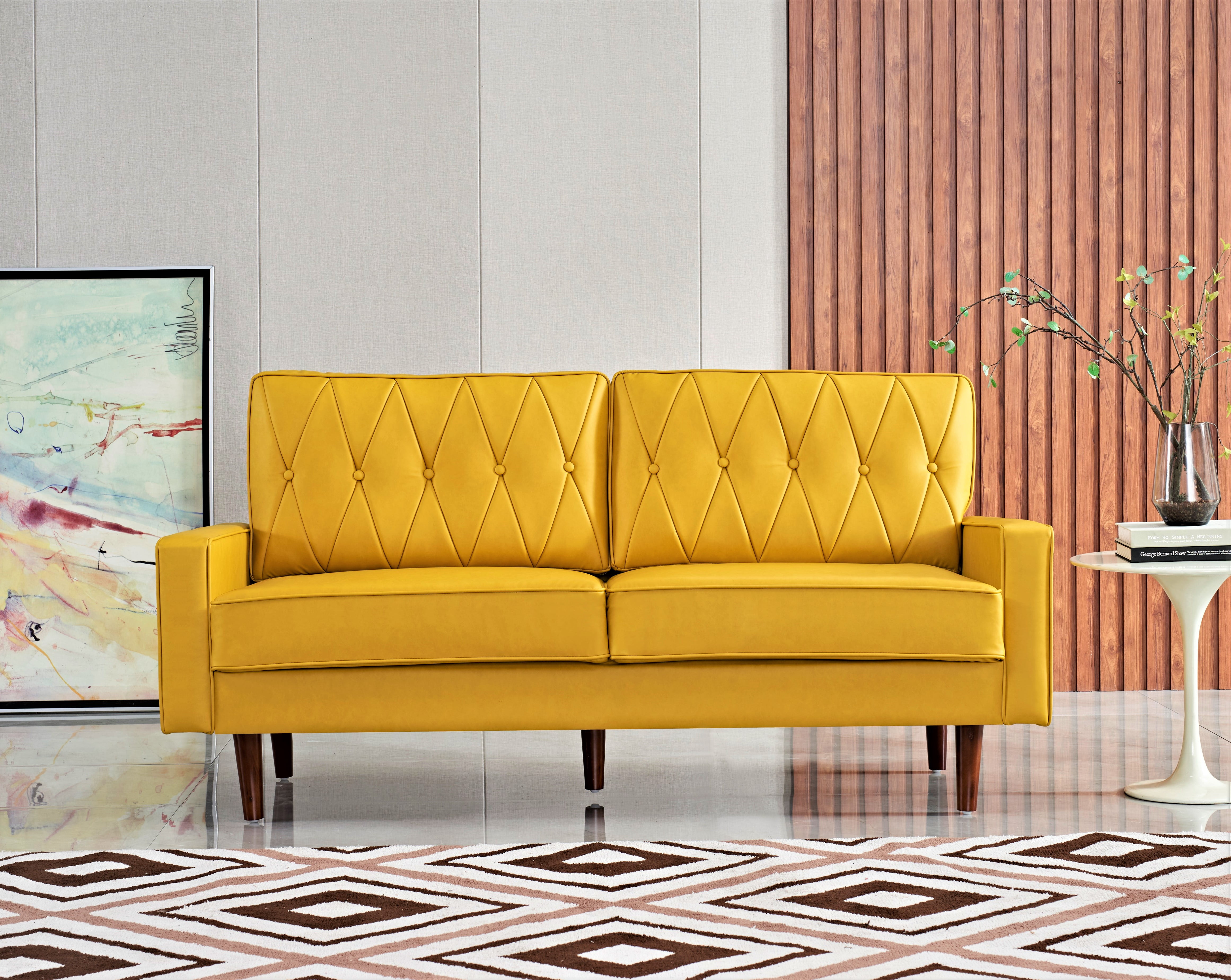 Uspridefurniture Acire 69.3" Faux Leather Cushion Back Sofa, Mustard Yellow