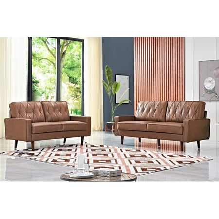 US Pride Furniture Acire Faux Leather Cushion Back 2Pcs Living Room Set, Brown