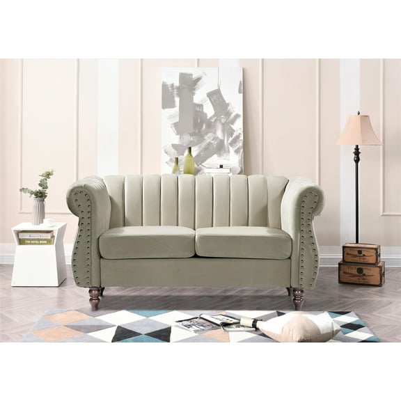 Uspridefurniture Adibah Velvet 60" Chesterfield Rolled Arms Loveseat -Beige