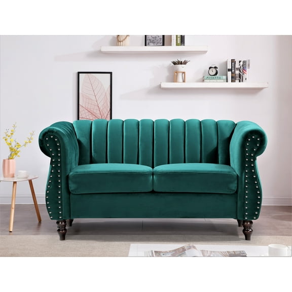 Uspridefurniture Adibah Velvet 60" Chesterfield Rolled Arms Loveseat, Green