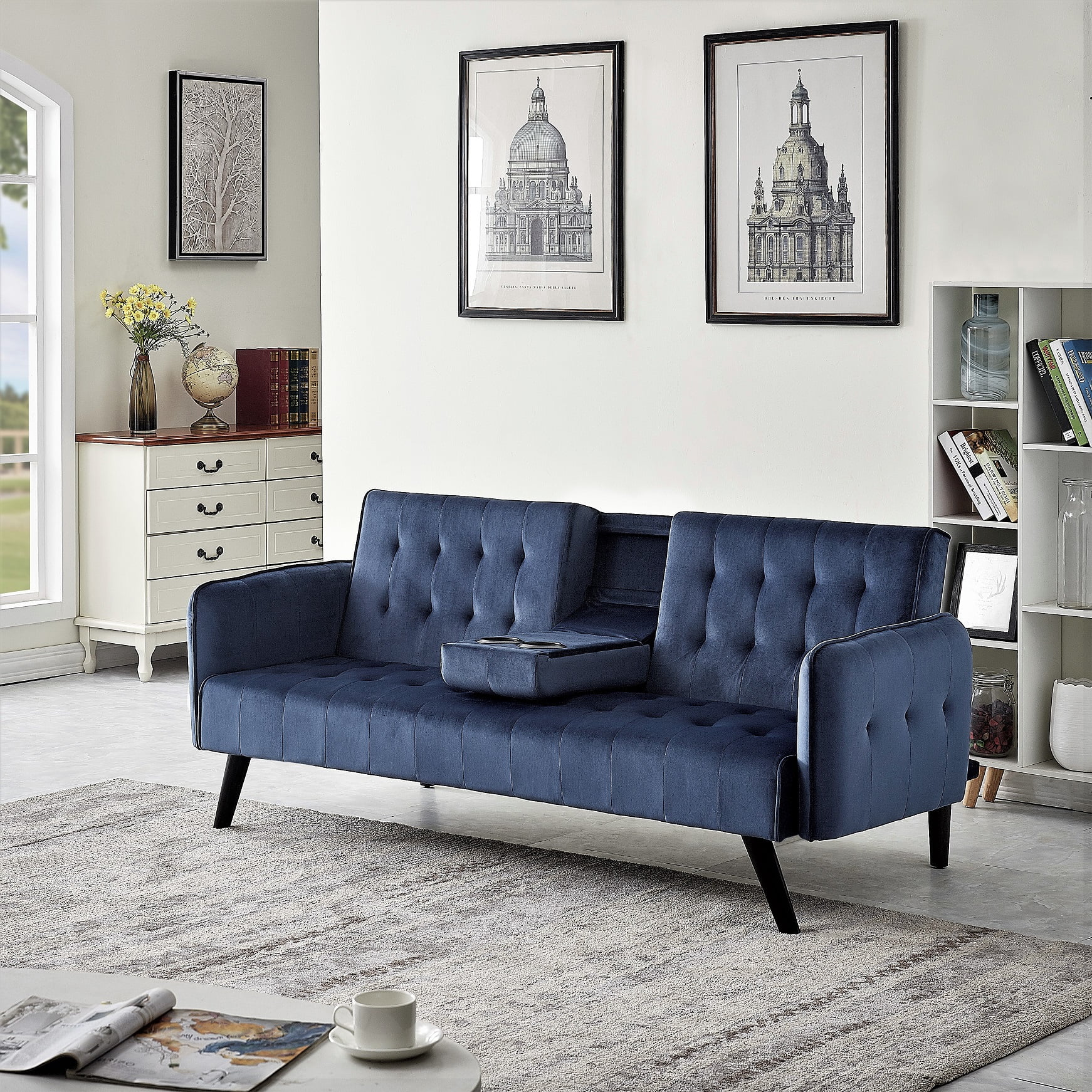 Uspridefurniture Beniamino 78'' Velvet Square Arm Sleeper, Blue