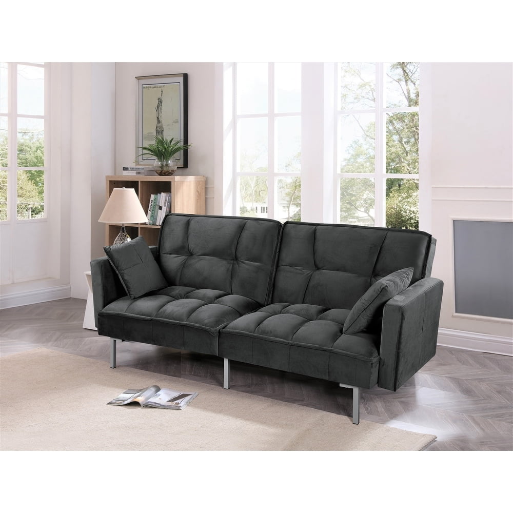 Uspridefurniture Bernal 75.6"W Velvet Futon Sofa Bed Sleeper, Black