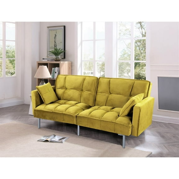 Uspridefurniture Bernal 75.6"W Velvet Futon Sofa Bed Sleeper, Greenish Yellow