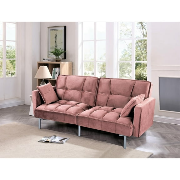 Uspridefurniture Bernal 75.6"W Velvet Futon Sofa Bed Sleeper, Rose