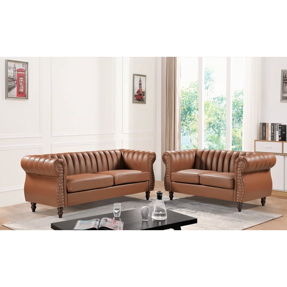 Uspridefurniture Charlot Faux Leather Rolled Arm 2Pcs Living Room Set,Brown