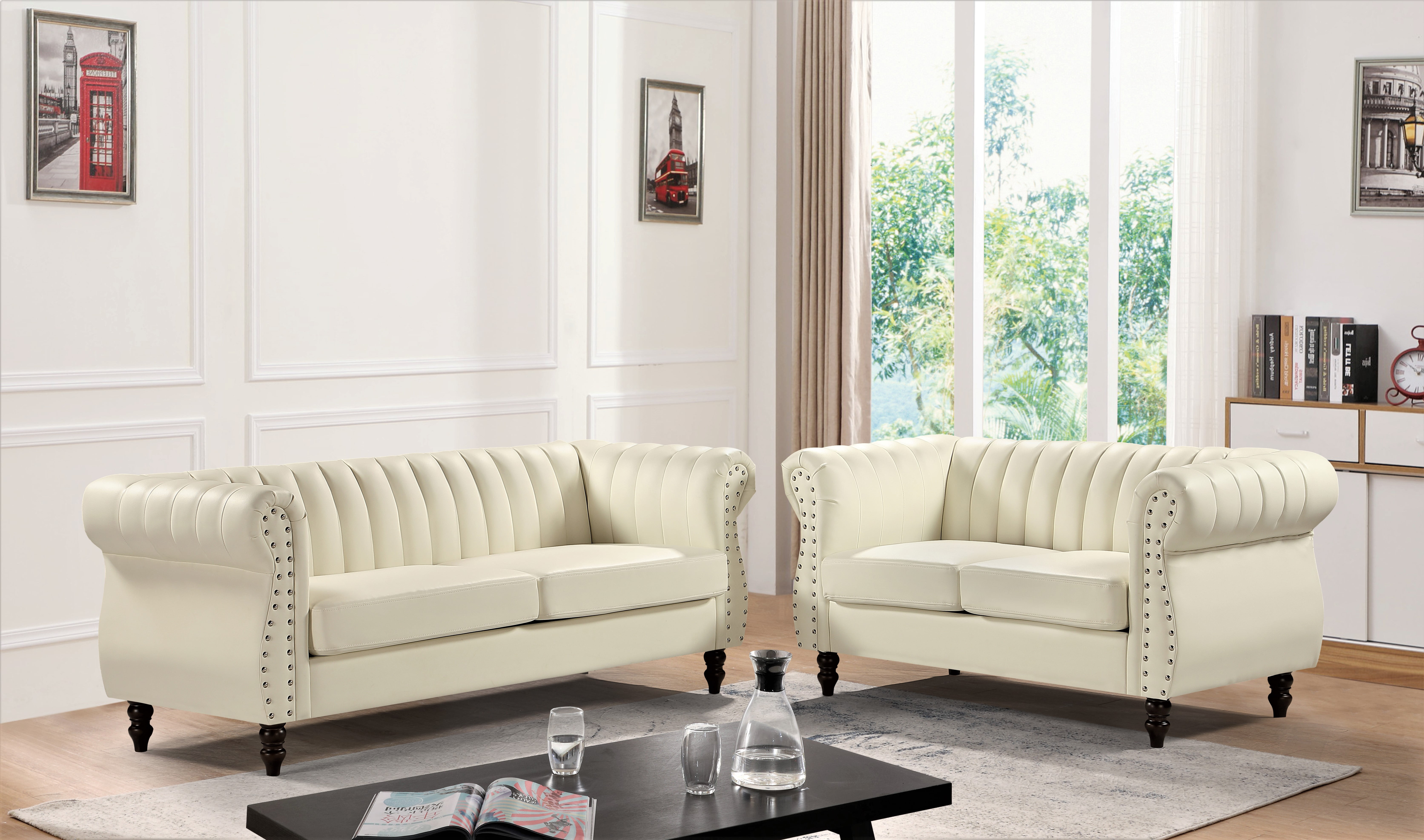 Uspridefurniture Charlot Faux Leather Rolled Arm 2Pcs Living Room Set, Cream White