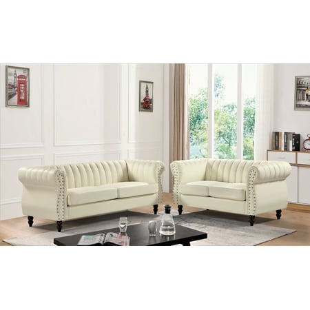 Uspridefurniture Charlot Faux Leather Rolled Arm 2Pcs Living Room Set, Cream White