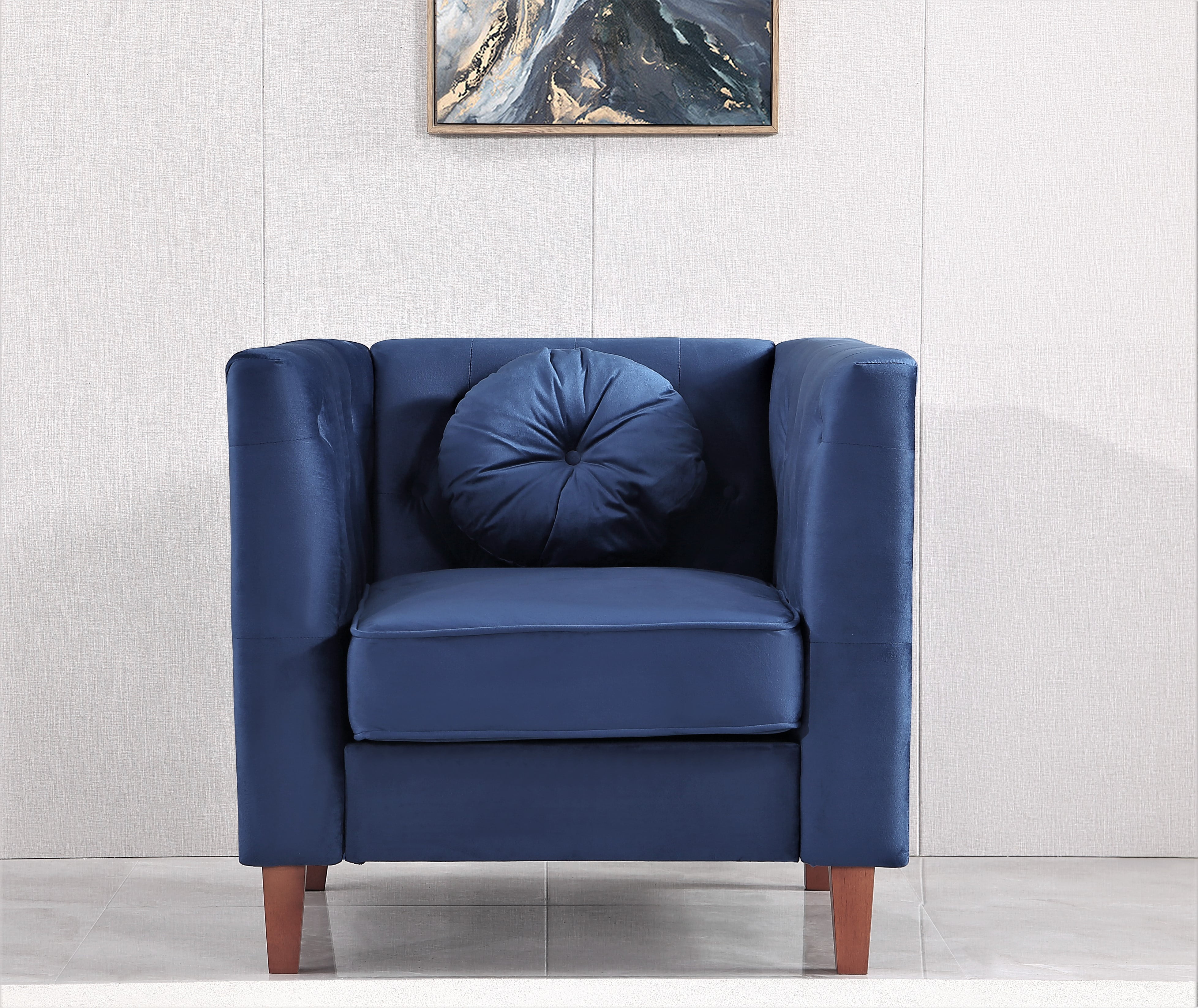 Dark Blue Velvet Chesterfield Armchair with Wood Legs