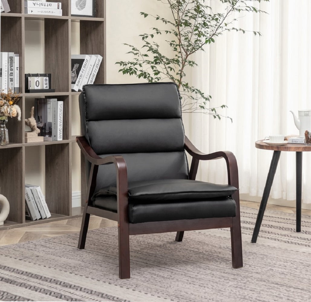 Uspridefurniture Clovis 24.8" Wide Mid-Century Modern Faux Leather Armchair, Black