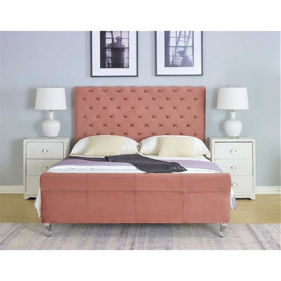 Uspridefurniture Collinsworth Tufted Low Profile Sleigh Velvet Bed -King