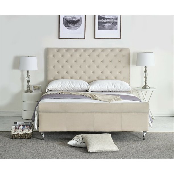Uspridefurniture Collinsworth Tufted Low Profile Sleigh Velvet Bed