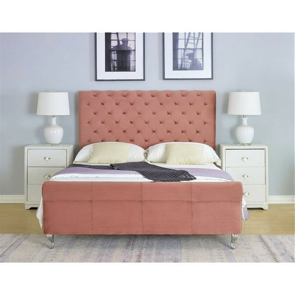 Uspridefurniture Collinsworth Tufted Low Profile Sleigh Velvet Bed -Queen