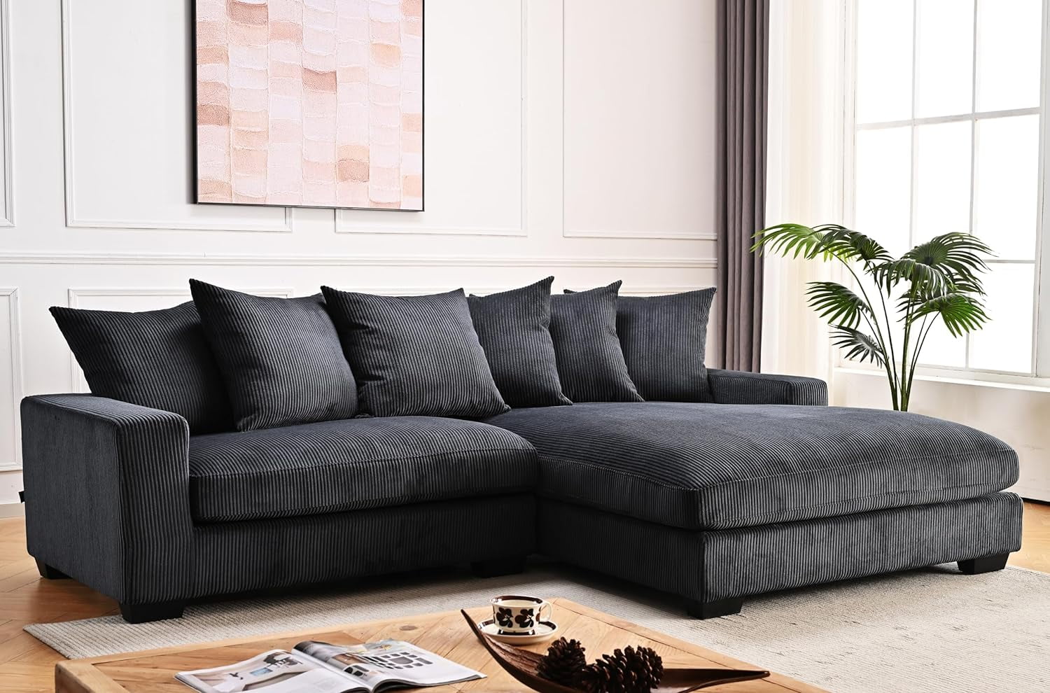 Uspridefurniture Corduroy L Shaped Sectional Sofa, Black