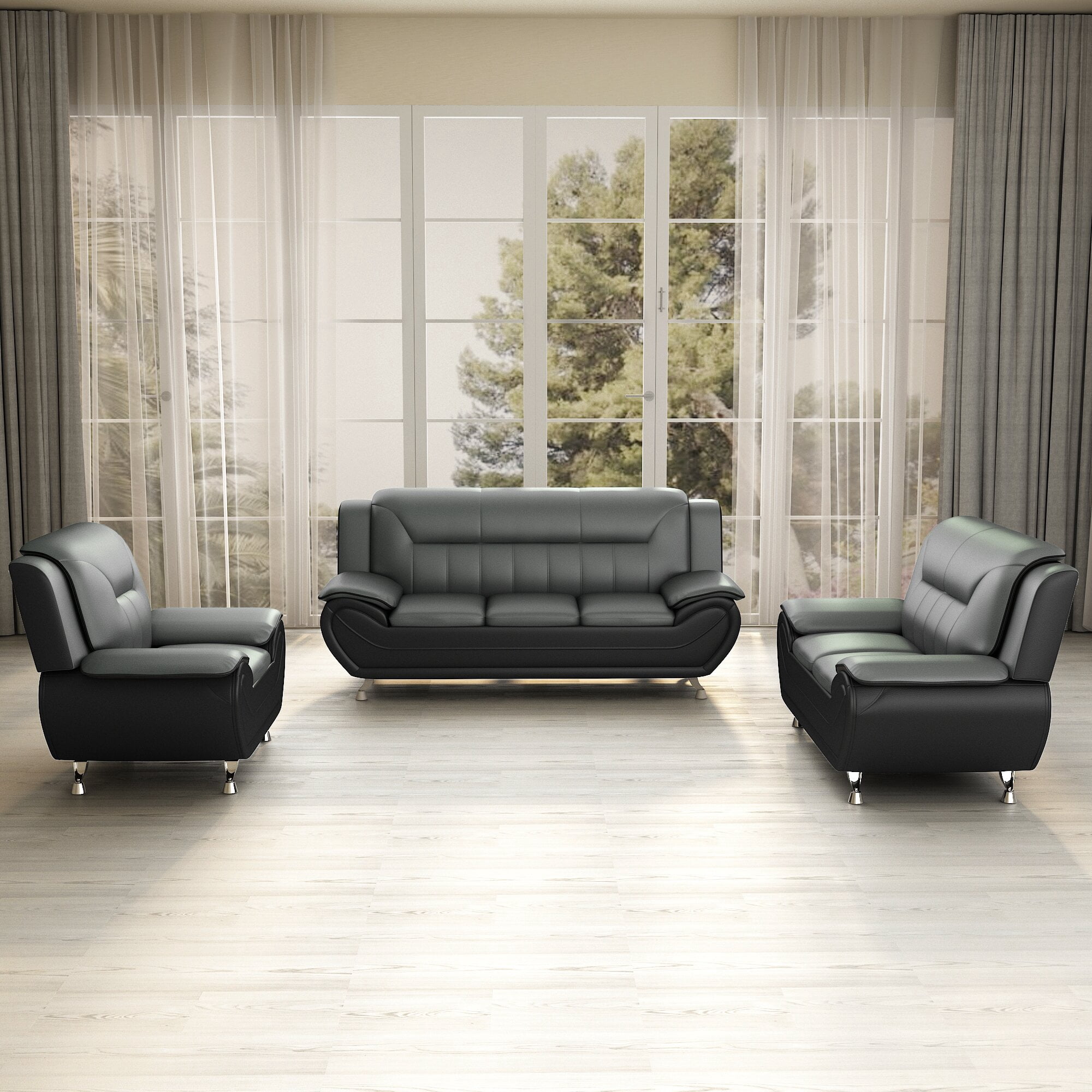 Uspridefurniture Eveland Faux Leather Upholstered 3Pcs Living Room Set-Gray/Black