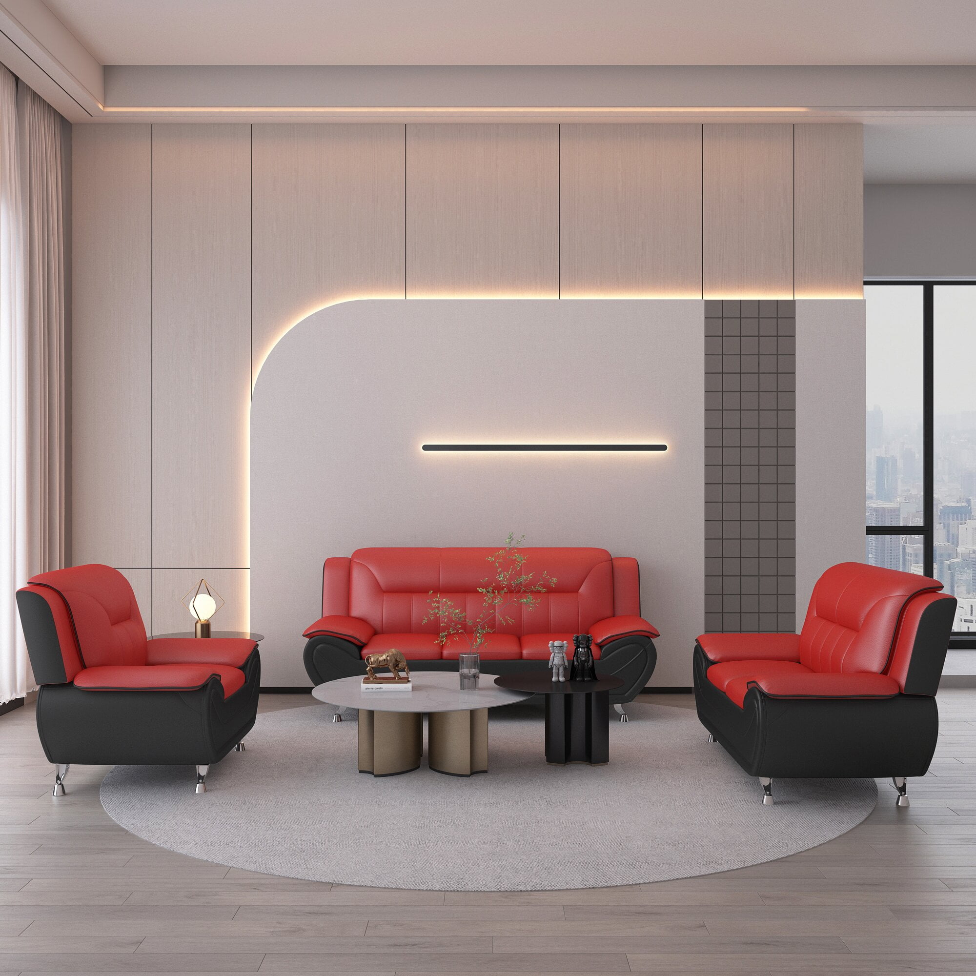 Uspridefurniture 3 Piece Mid Century Faux Leather Living Room Set Red/Black