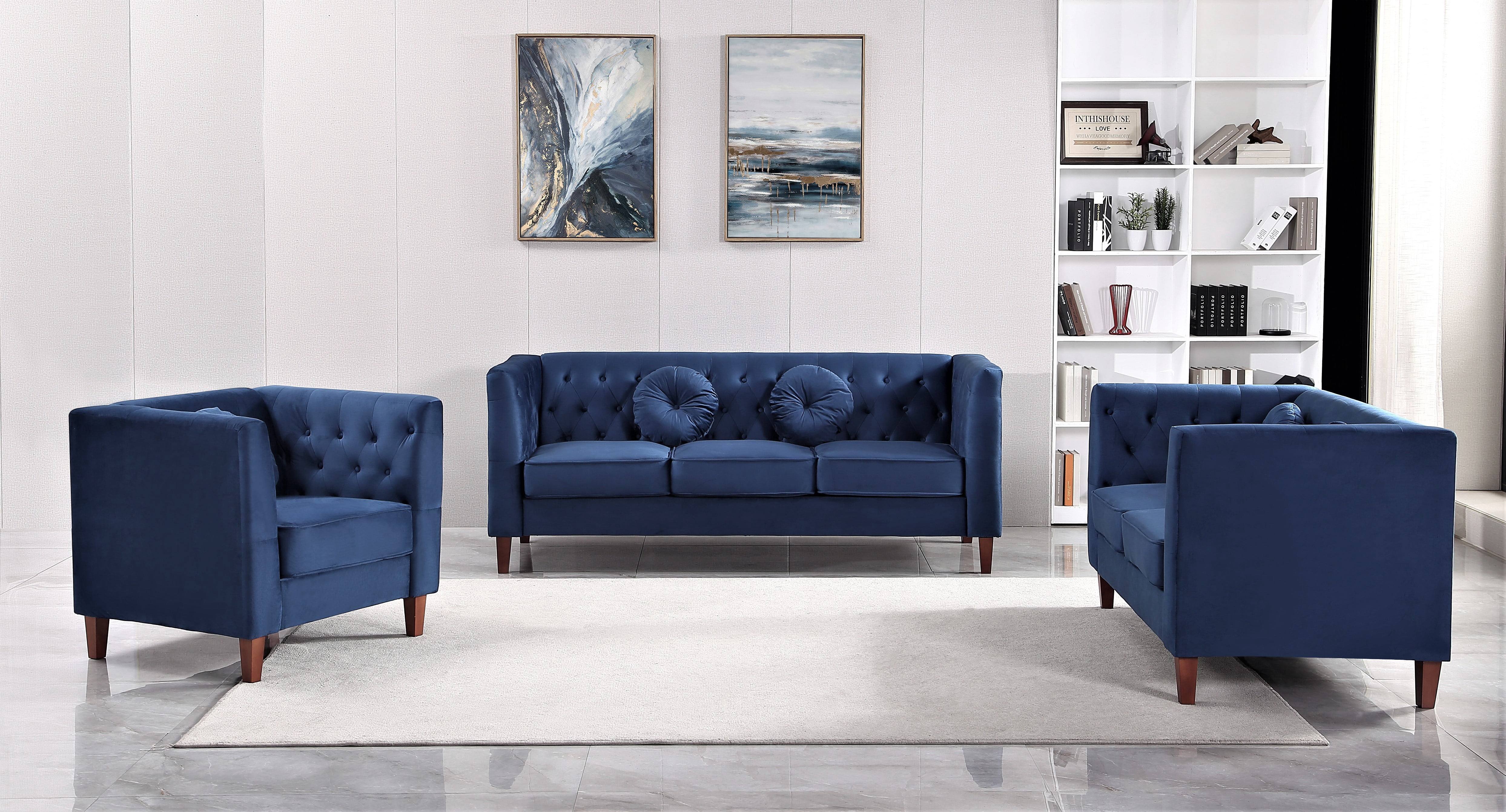 Uspridefurniture Fancher Kittleson Velvet Classic 3Pcs Living Room Set,Blue