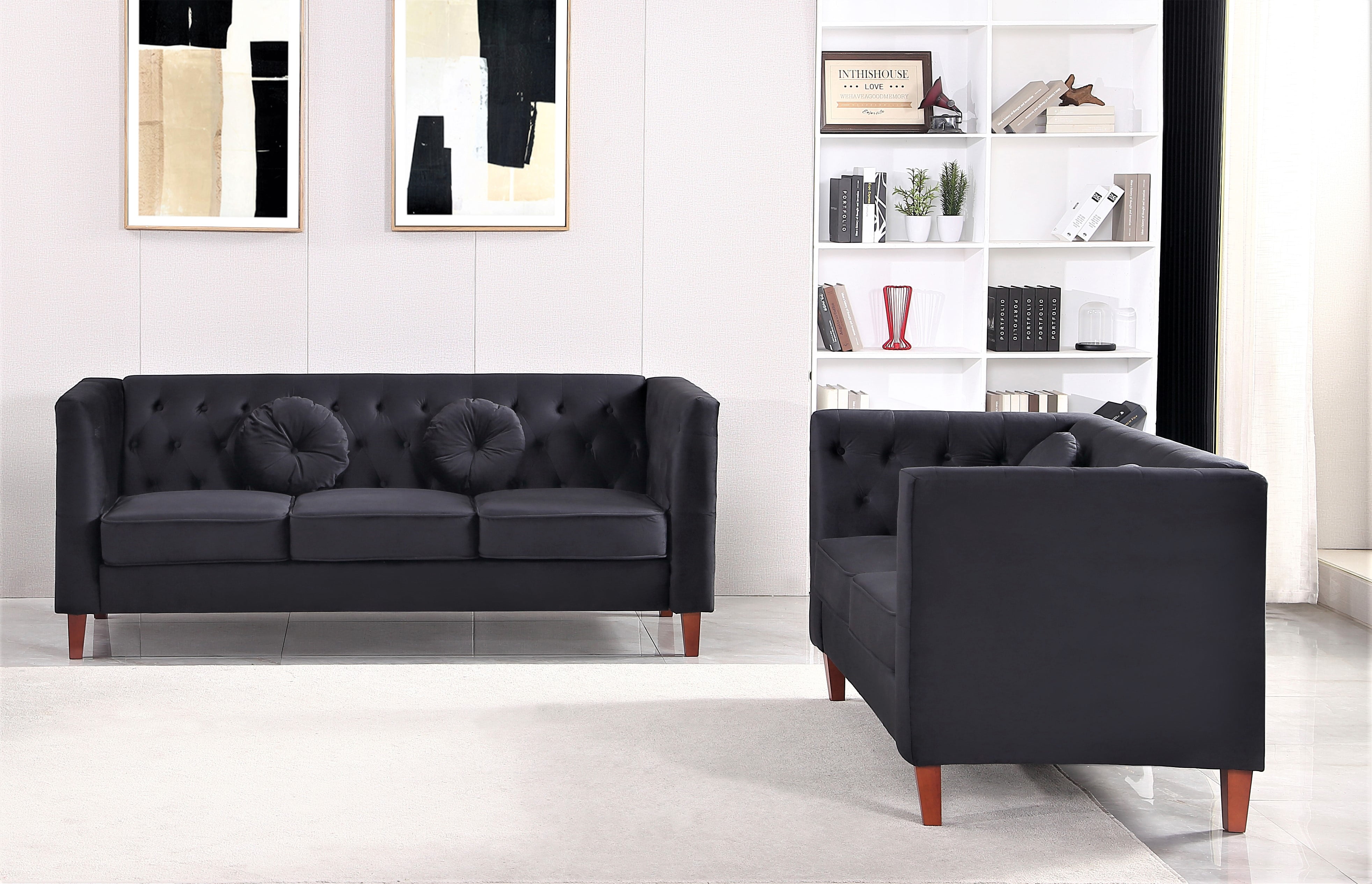 Uspridefurniture Fancher Kittleson Velvet Classic Chesterfield 2 Pcs Livingroom Set, Sofa Loveseat, Black