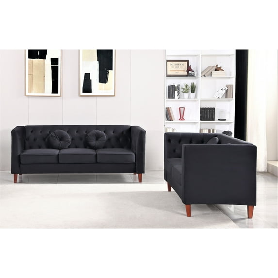 Uspridefurniture Fancher Kittleson Velvet Classic Chesterfield 2 Pcs Livingroom Set, Sofa Loveseat, Black