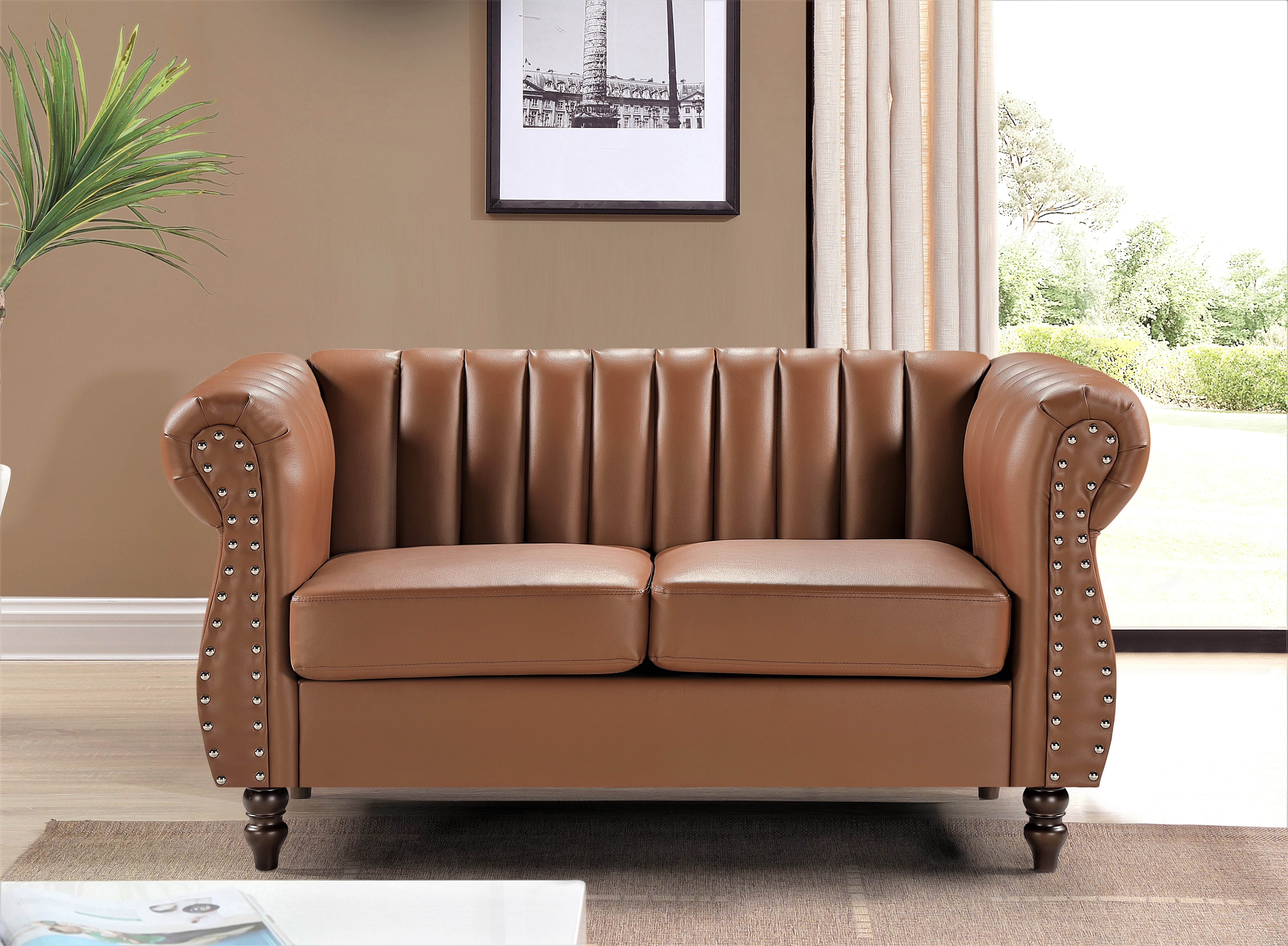 Uspridefurniture Faux Leather Rolled Arms Loveseat, Brown
