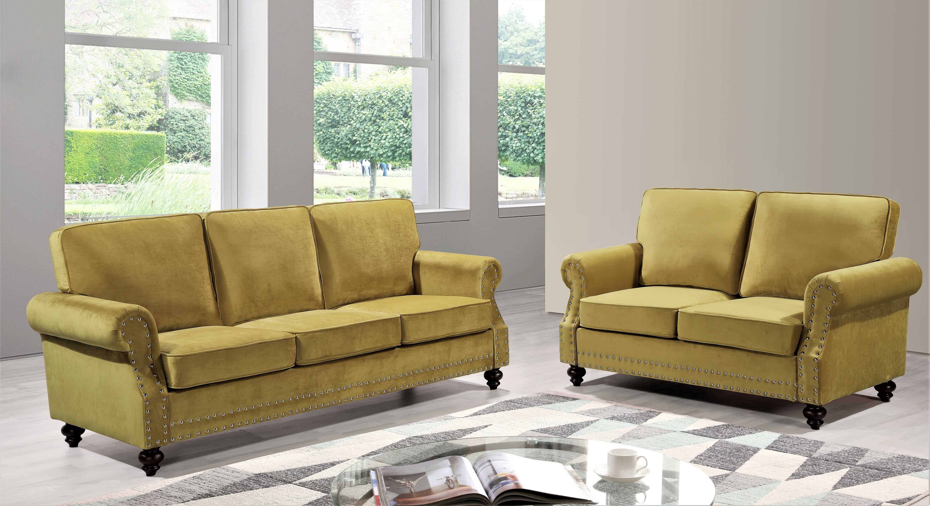 Uspridefurniture Feingold 2 Piece Velvet Living Room Set, Sofa Loveseat, Yellow