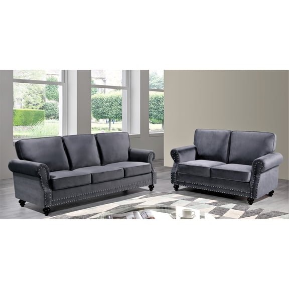 Uspridefurniture Feingold 2Pcs Velvet Living Room Set, Gray