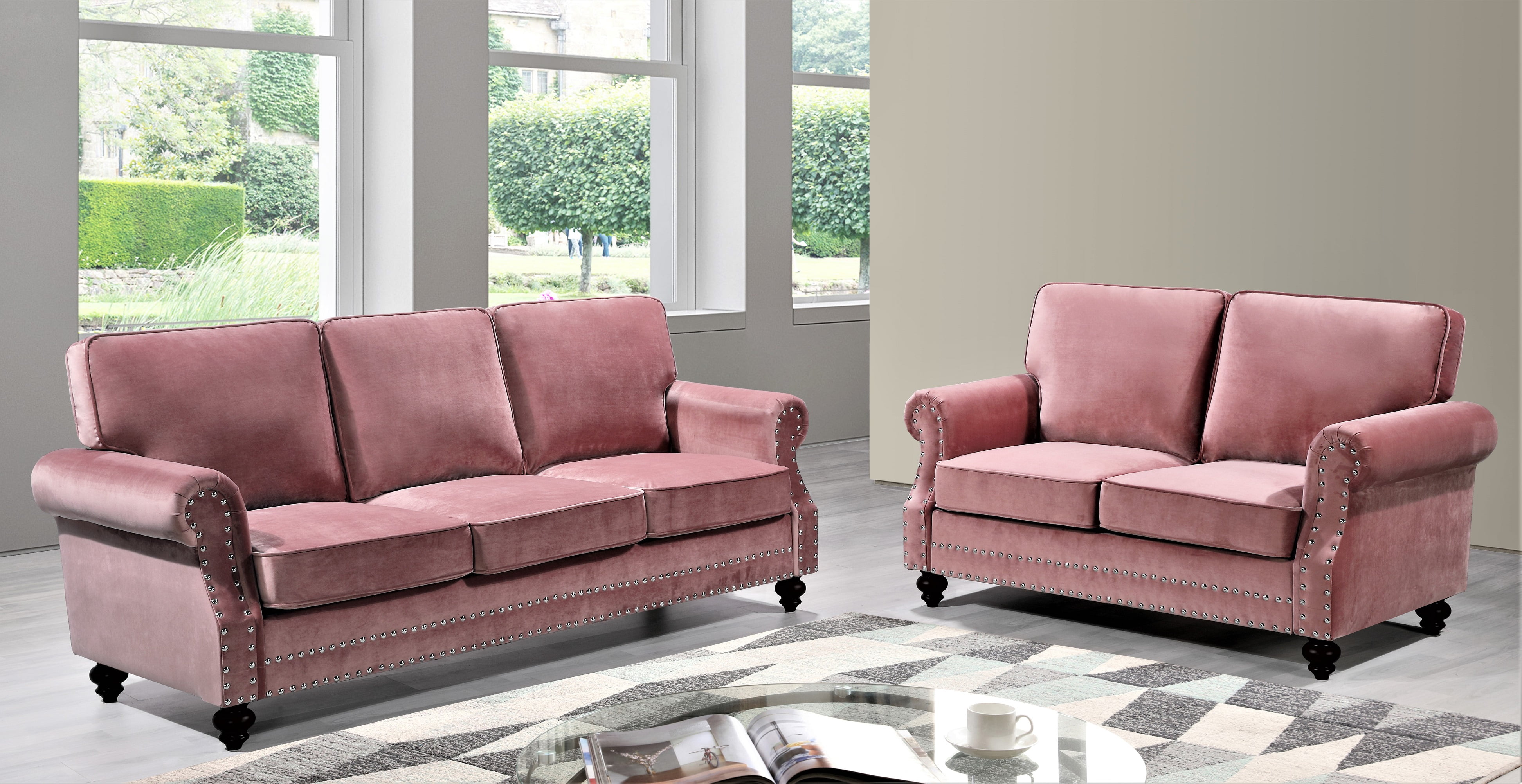 Uspridefurniture Feingold 2Pcs Velvet Living Room Set,Pink
