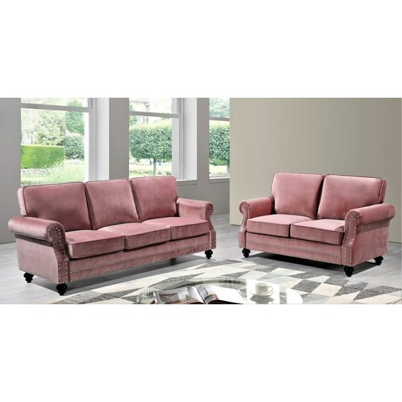 Uspridefurniture Feingold 2Pcs Velvet Living Room Set,Pink