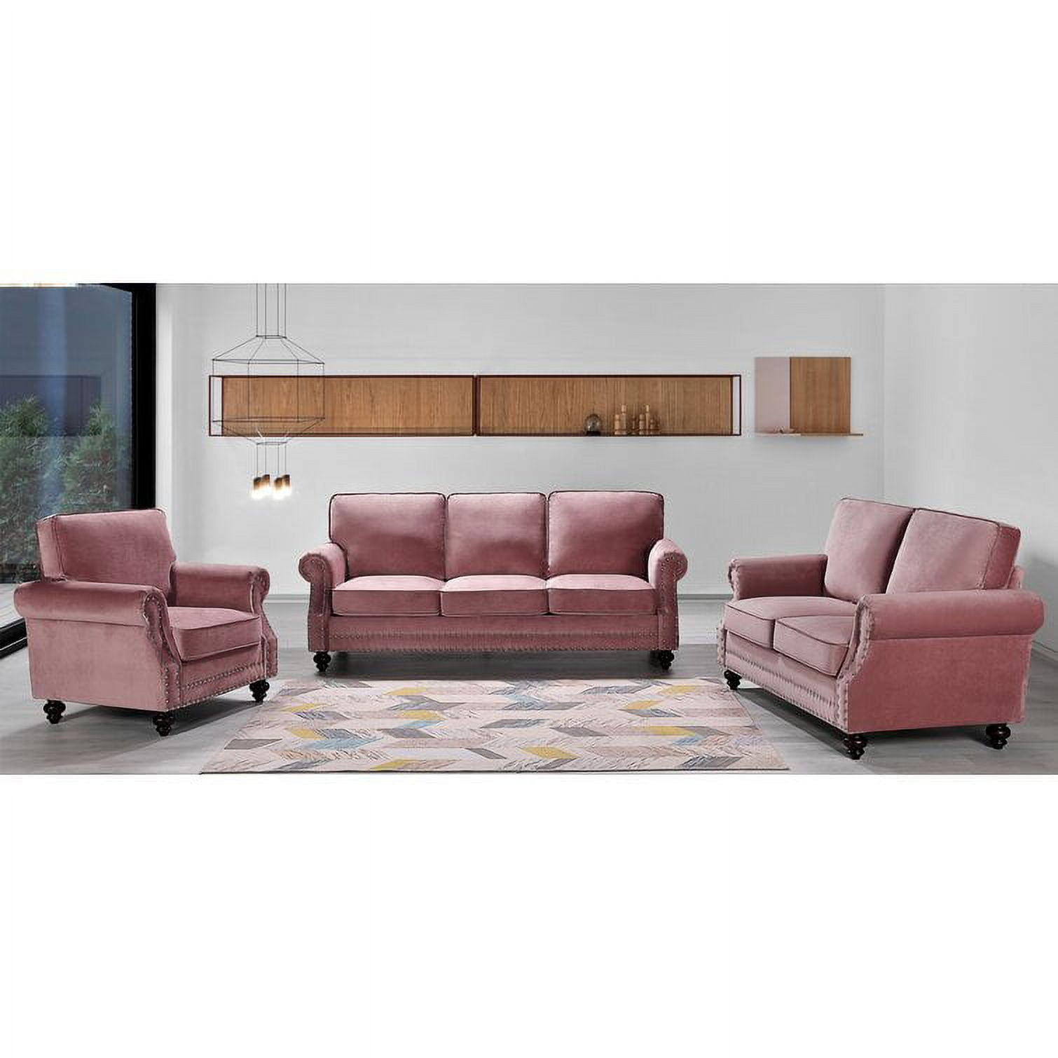 Uspridefurniture Feingold 3 Piece Velvet Living Room Set, Sofa Loveseat Chair