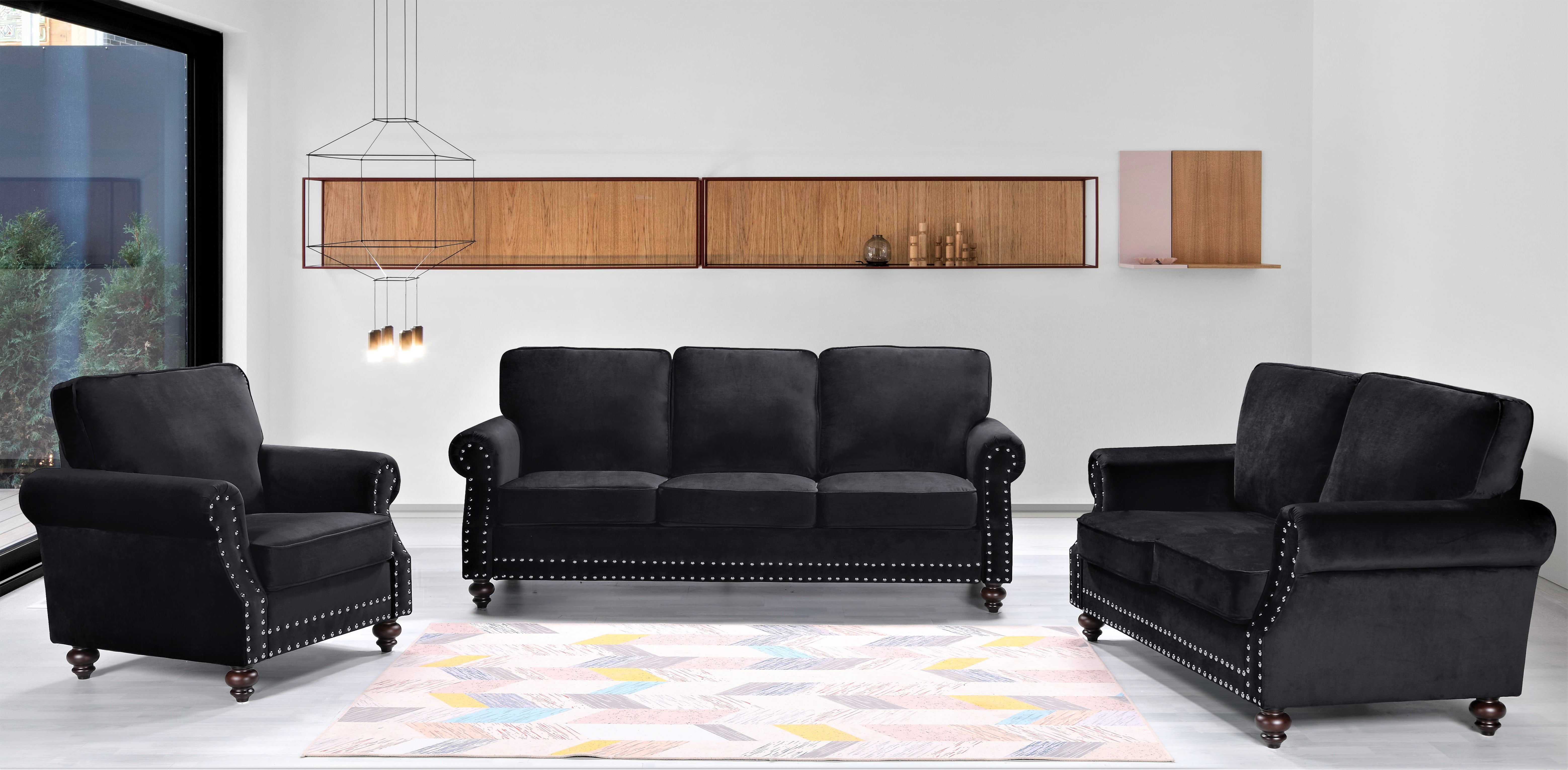 Uspridefurniture Feingold 3Pcs Velvet Living Room Set, Black