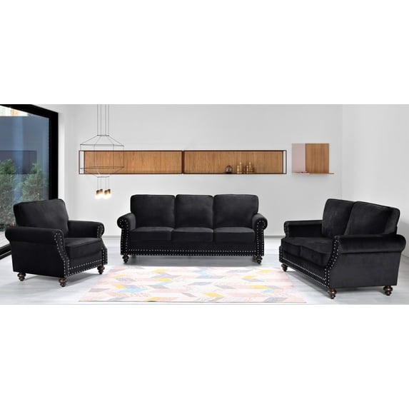 Uspridefurniture Feingold 3Pcs Velvet Living Room Set, Black