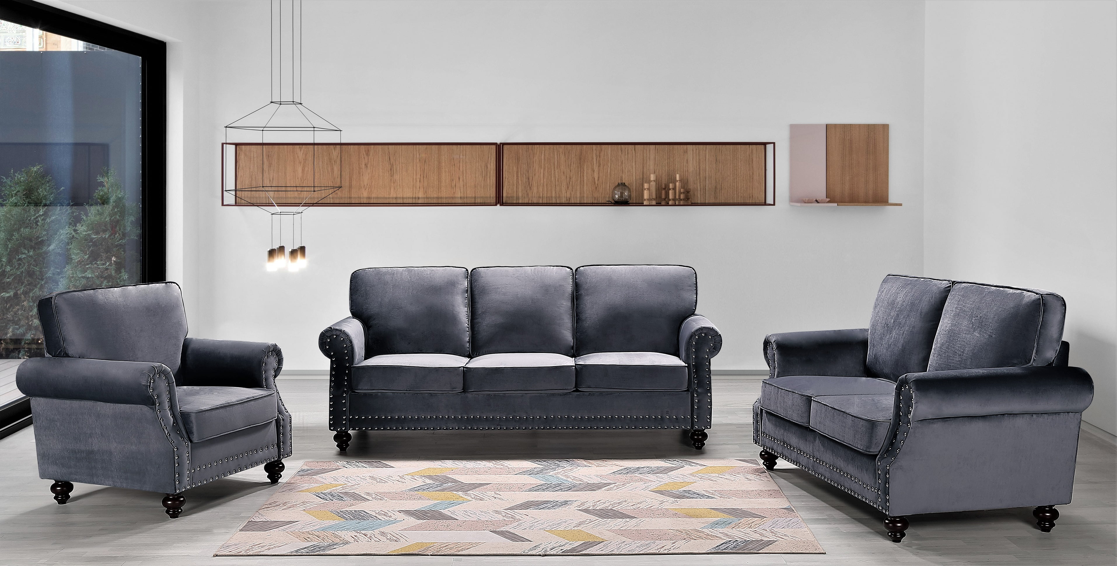 Uspridefurniture Feingold 3Pcs Velvet Living Room Set,Gray