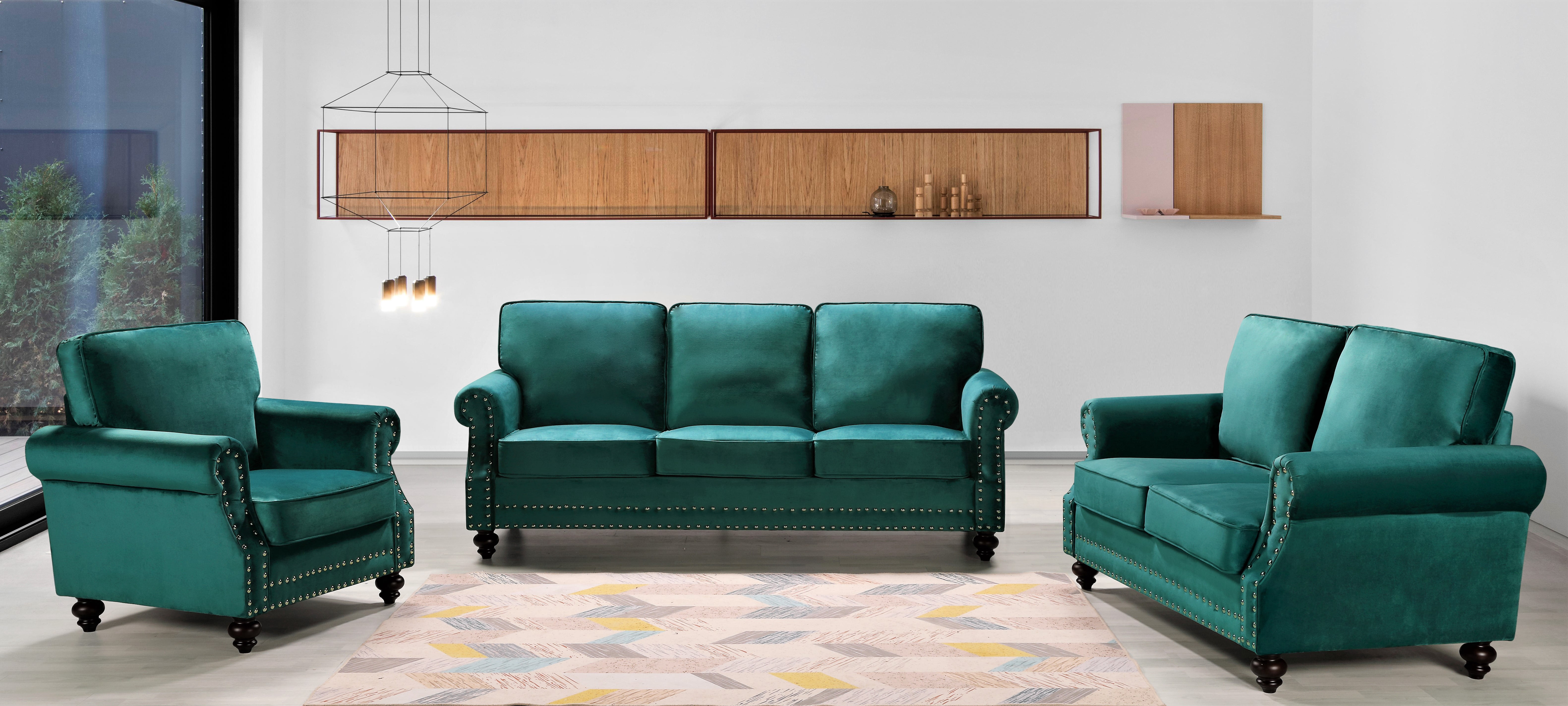 Uspridefurniture Feingold 3Pcs Velvet Living Room Set, Green