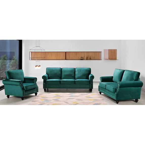 Uspridefurniture Feingold 3Pcs Velvet Living Room Set, Green