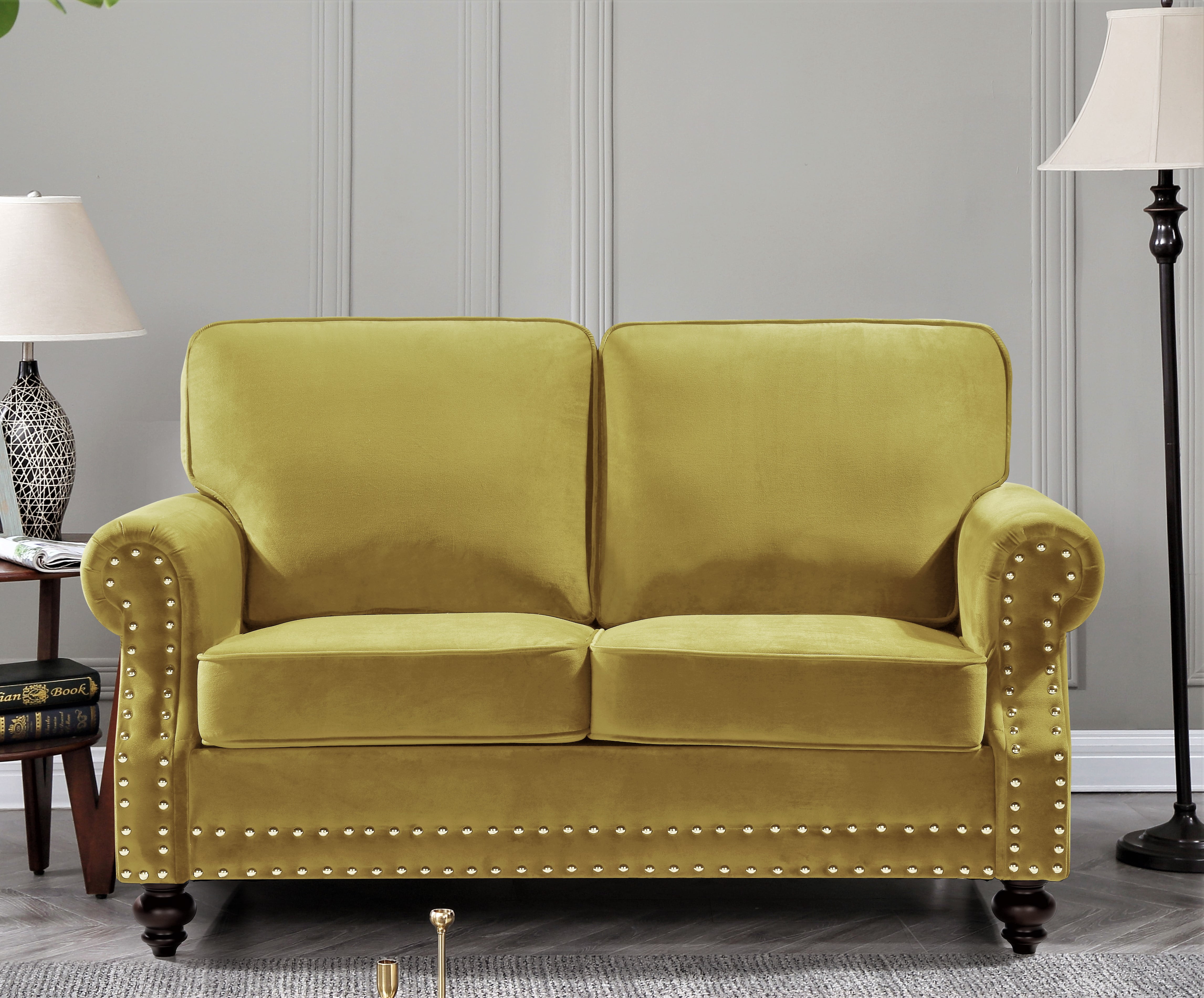 Uspridefurniture Feingold 61.4'' Velvet Rolled Arm Loveseat, Yellow