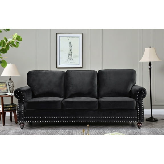 Uspridefurniture Feingold 85'' Velvet Rolled Arm Sofa,Black