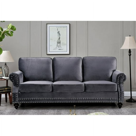 Uspridefurniture Feingold 85'' Velvet Rolled Arm Sofa - Gray