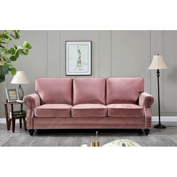 Uspridefurniture Feingold 85'' Velvet Rolled Arm Sofa, Pink