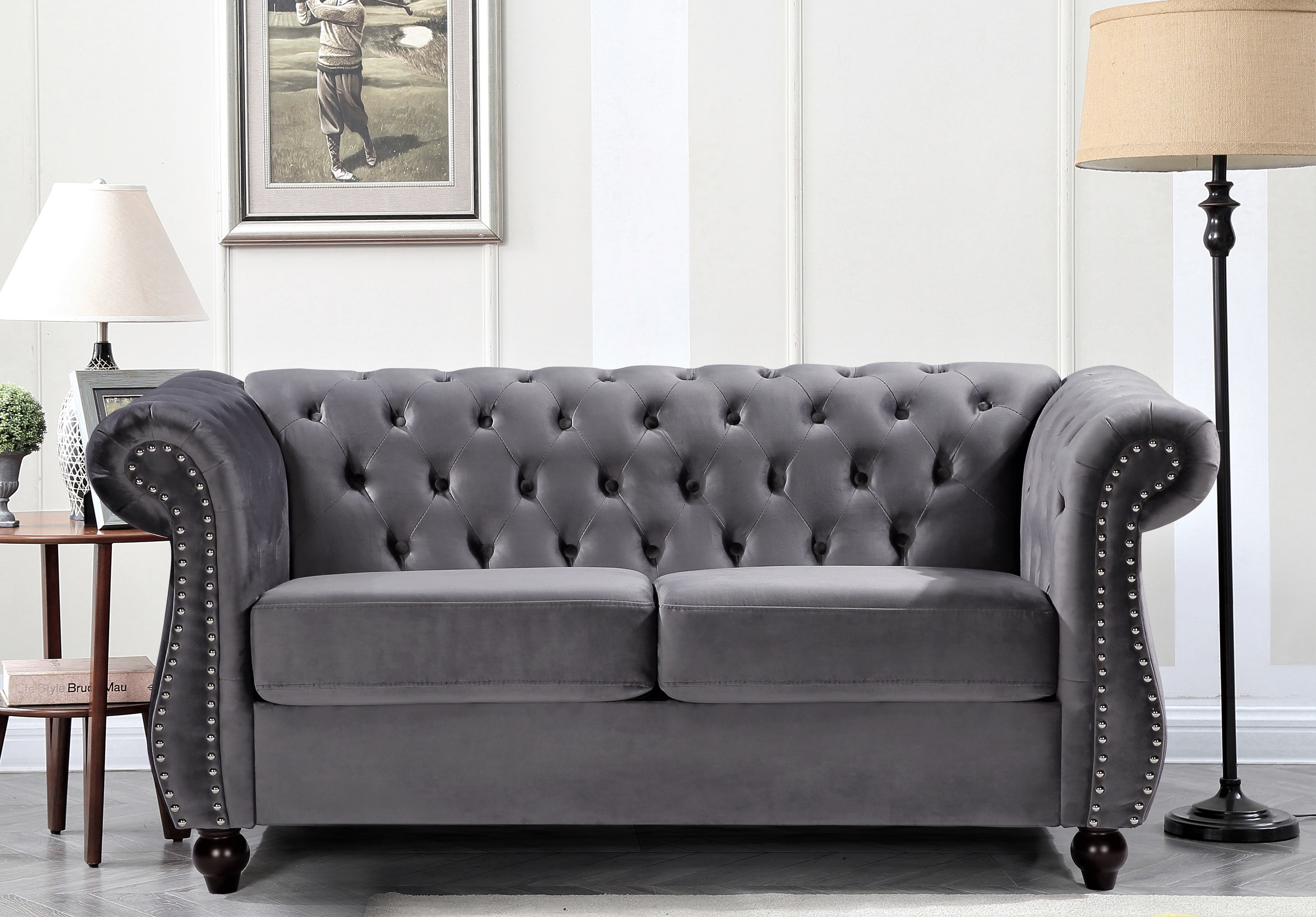 Uspridefurniture Feinstein Velvet Loveseat, Gray