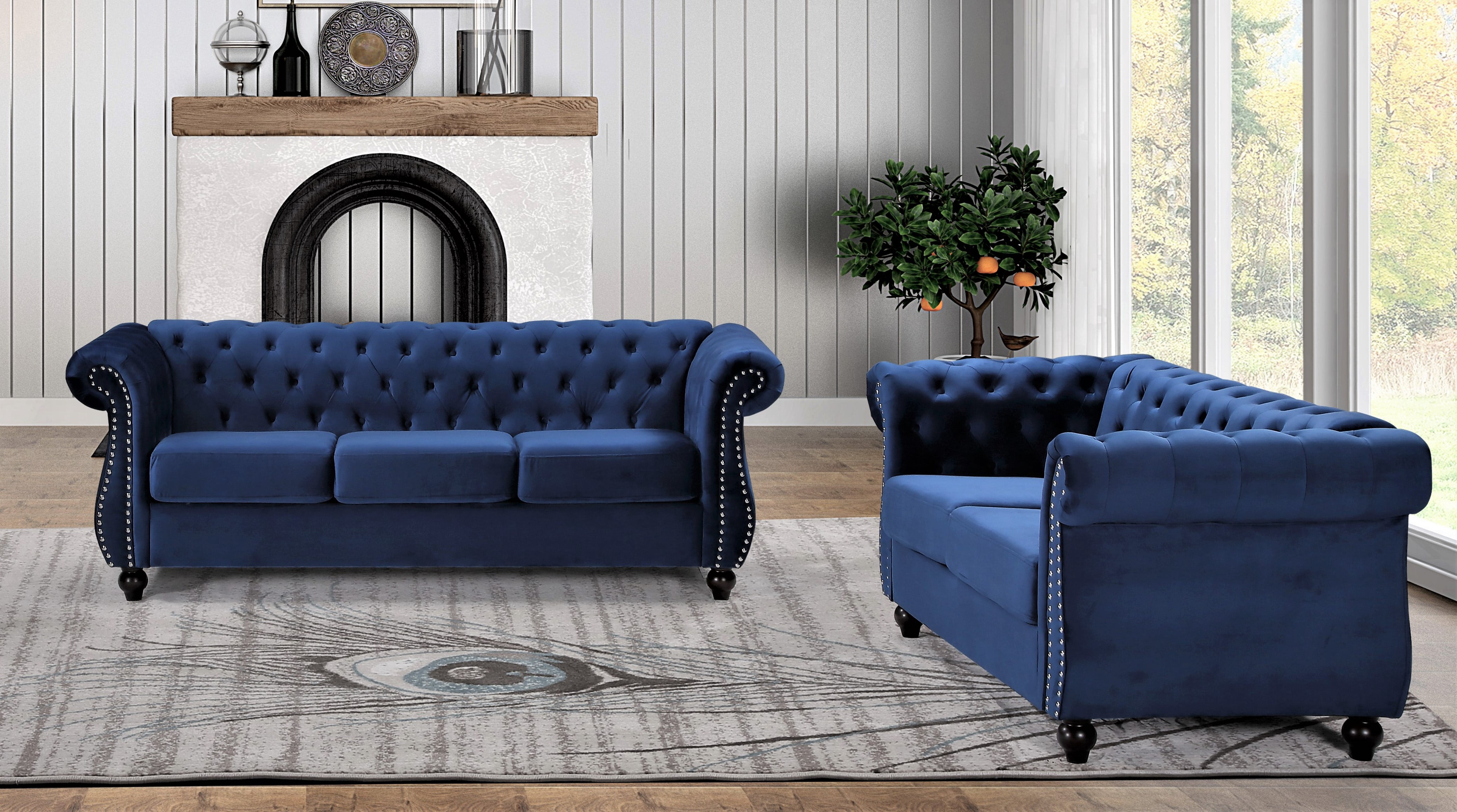 Uspridefurniture Fender 2Pcs Living Room Set,Blue Velvet