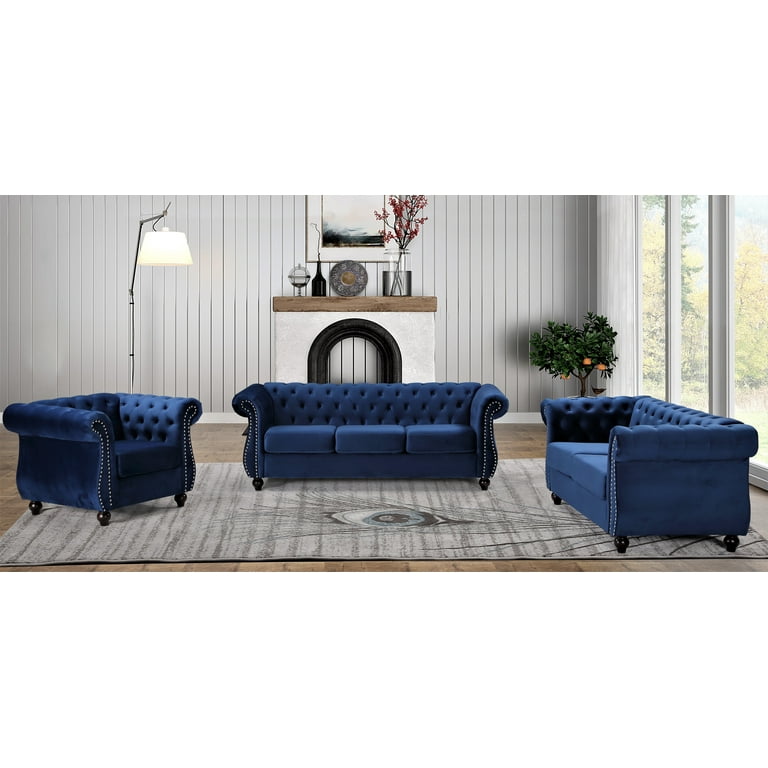 Uspridefurniture Fender 3 Pcs Living Room Set Chair Coveseat Sofa Blue