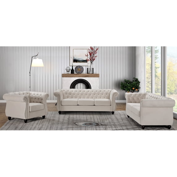 Uspridefurniture Fender 3Pcs Living Room Set,Beige Velvet